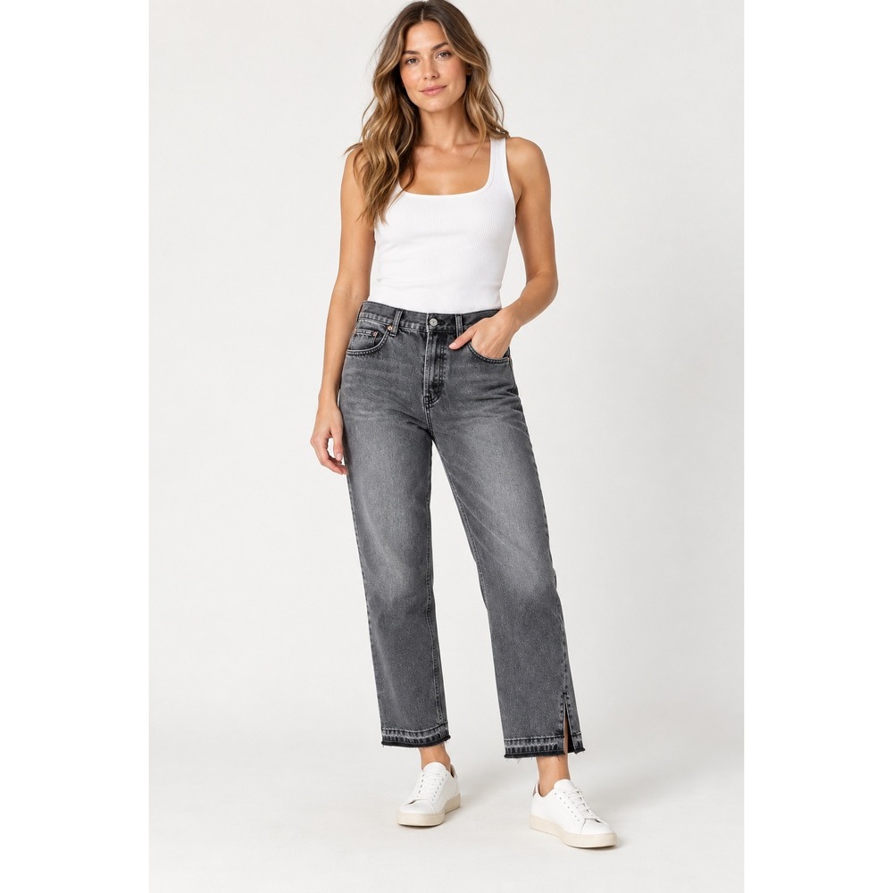 We The Free People Jeans Womens 30 Gray High Rise Straight Leg Raw Hem Side Slit